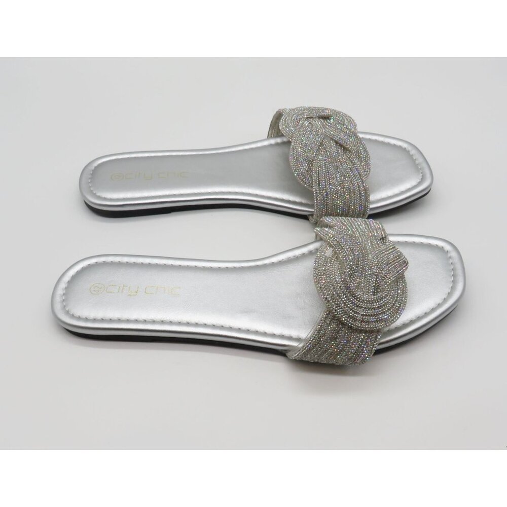 City Chic Women's Silver Flat Slides With Braided Sparkle Strap Size 11 NEW